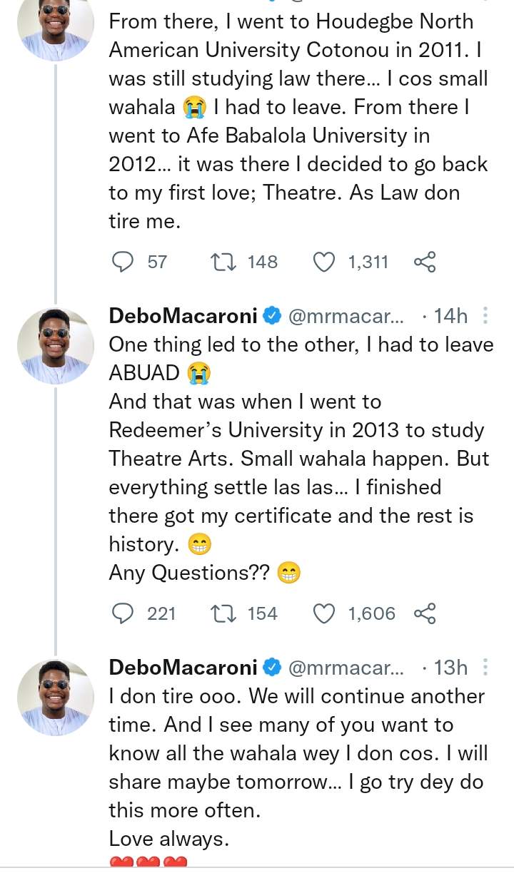 Mr Macaroni recounts how he struggled through four universities before finally graduating