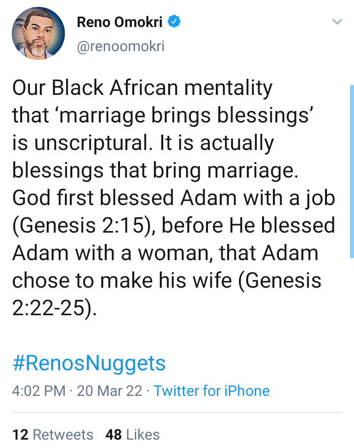'Our Black African mentality that 'marriage brings blessings' is unscriptural' - Reno Omokri, Sabinus share same views