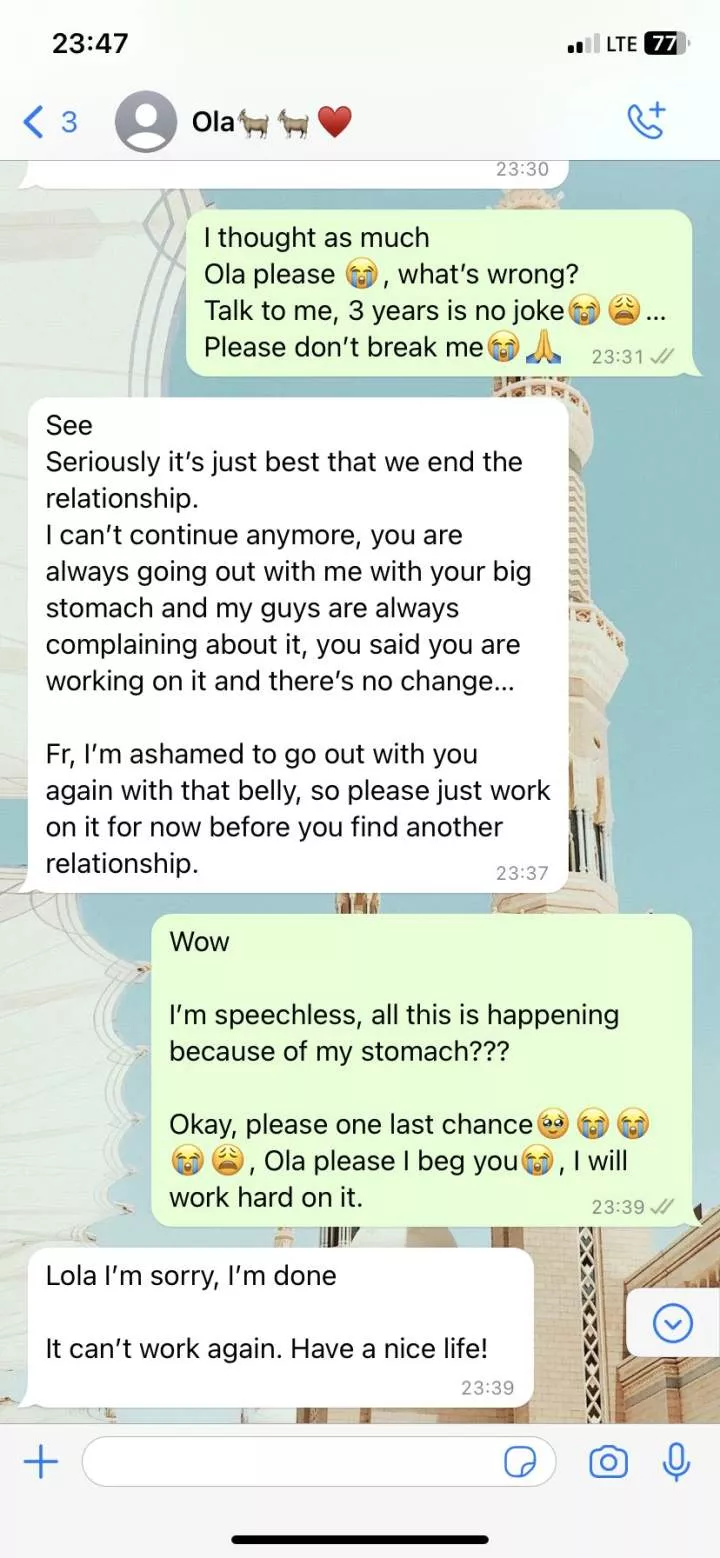 'I feel ashamed to go out with you because of your stomach' - Lady shares heartbreaking message from boyfriend