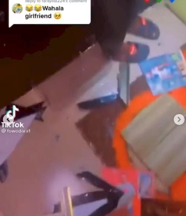 Nigerian lady destroys her boyfriend's properties after he allegedly assaulted her (video)