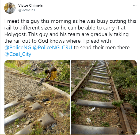 Twitter user calls for the arrest of a man cutting train rail lines to sell in Enugu