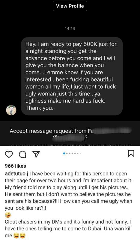 Tribal mark model, Adetutu calls out married man who wants to sleep with her for N500K