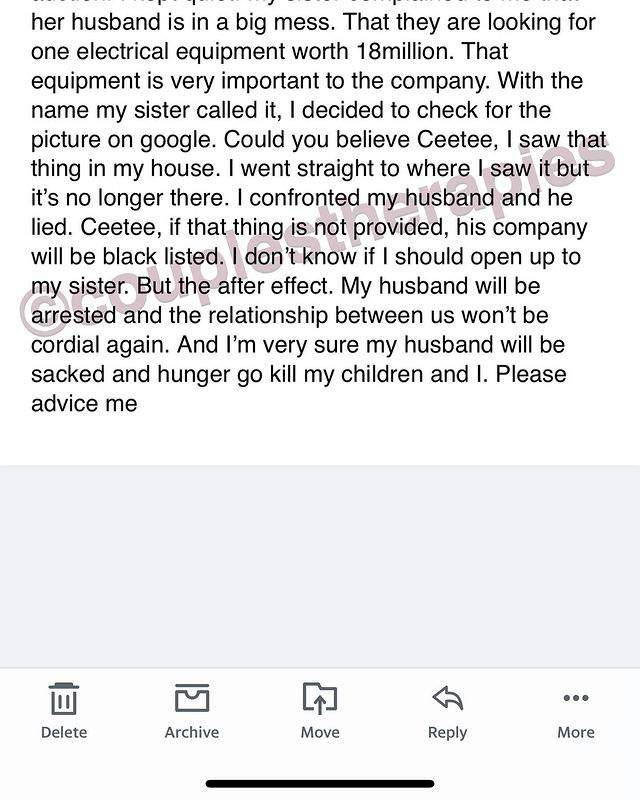 Woman seeks advice whether or not to expose husband after stealing equipment worth N18M from company