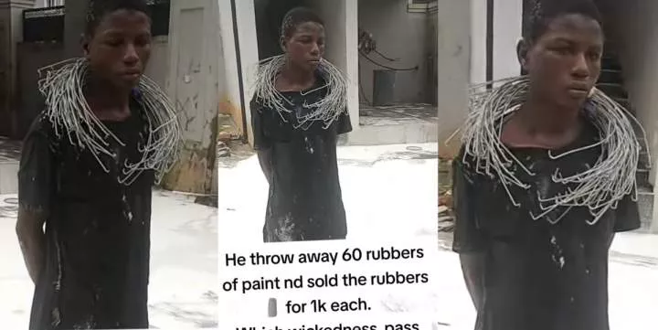 "This wickedness na highest" - Young boy paraded as thief after disposing 1.5m worth of paint, sells each can for 1k (Video)