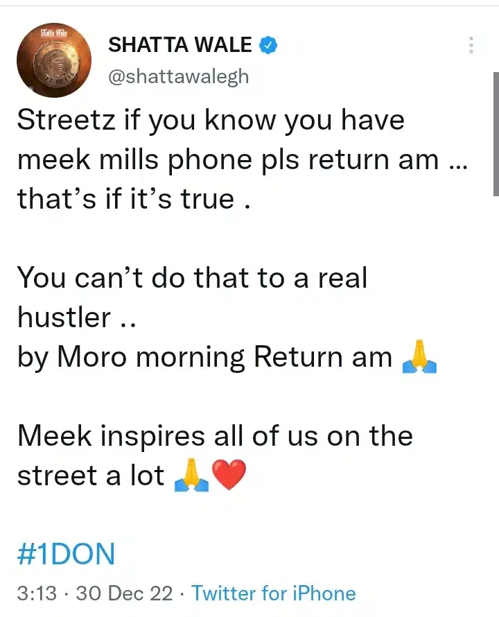 'If you know you have his phone please return it' - Shatta Wale begs compatriots after Meek Mill's phone was stolen in Ghana