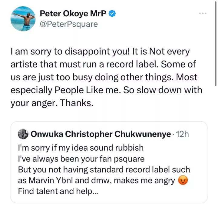 Peter Okoye reacts after a fan expressed outrage that PSquare doesn't own a record label like Don Jazzy and co.