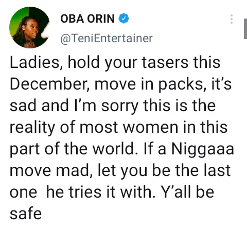 Hold your tasers this December and move in packs - Nigerian singer, Teni urges ladies to be safety conscious during yuletide 