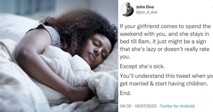 Man carpets Twitter user who told men their girlfriend is lazy if she stays in bed till 8am when she comes to spend the weekend