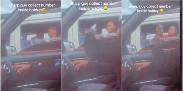 Man in Benz causes buzz as he collects lady's number in traffic, she quickly takes his phone, types it in (Video)