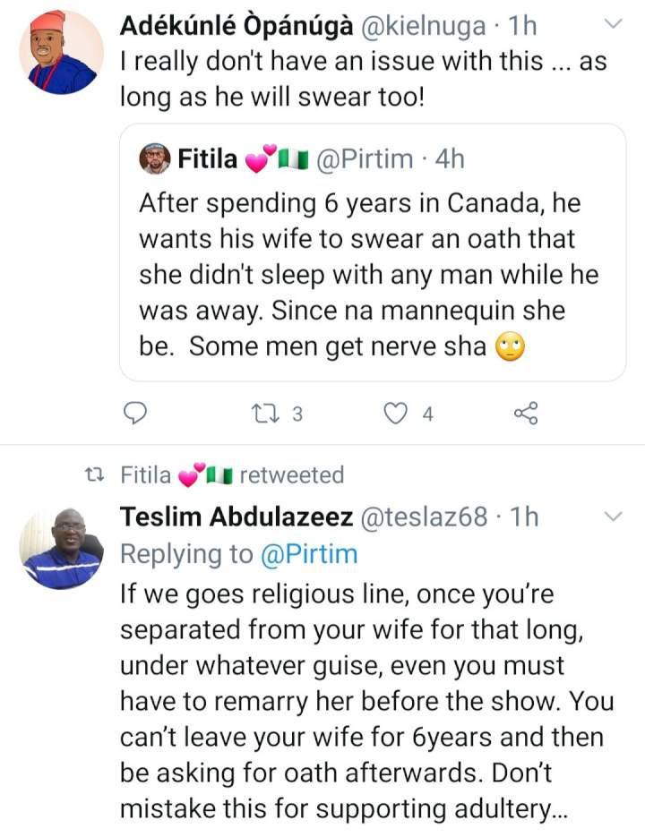 Canada-based man reportedly returns to Nigeria after 6 years and demands his wife swears a fidelity oath