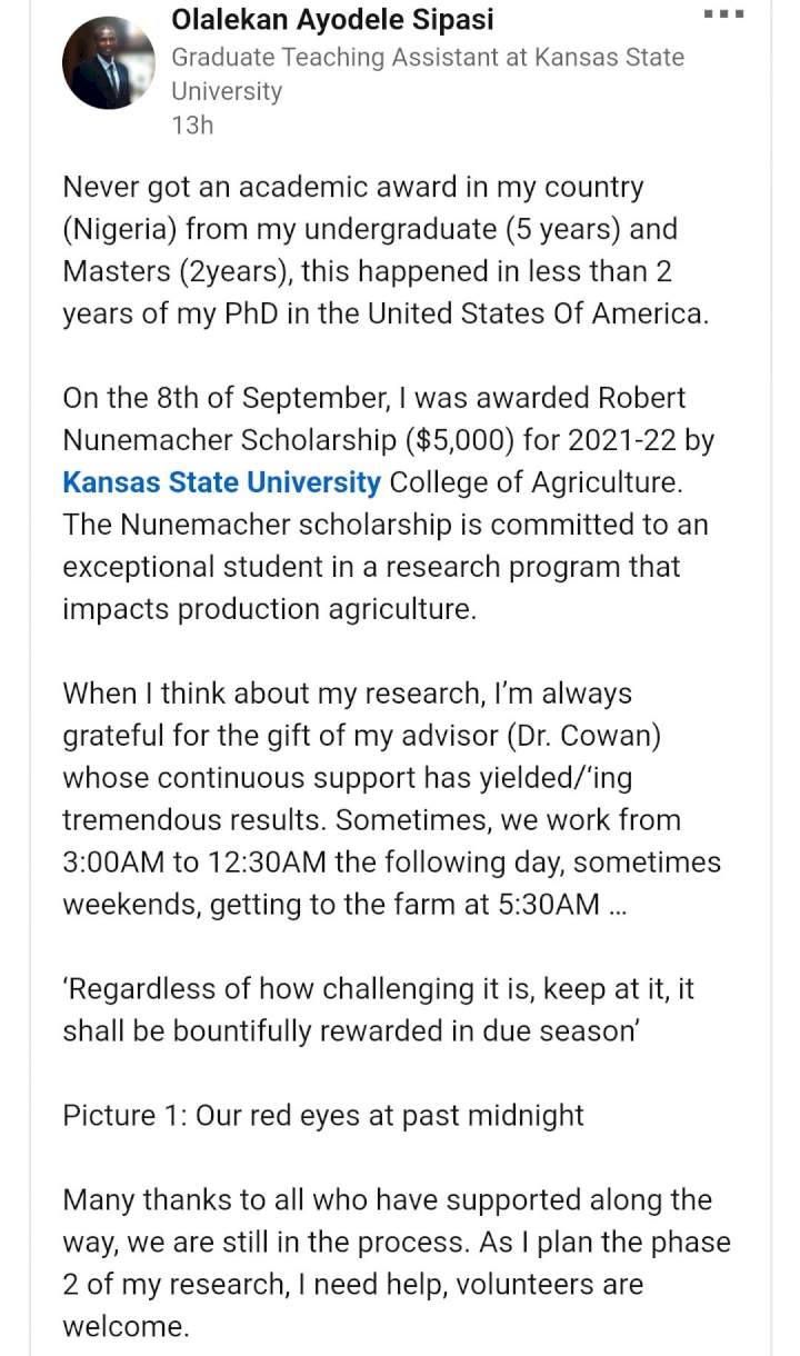 'I never got an award from my country' Nigerian farmer awarded scholarship in the US says as he shares achievement