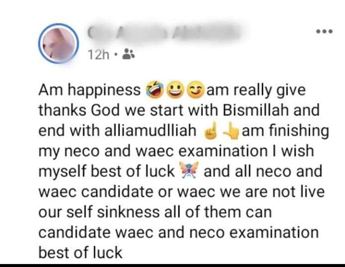 'Am happiness' - Student writes as he celebrates end of WAEC exam