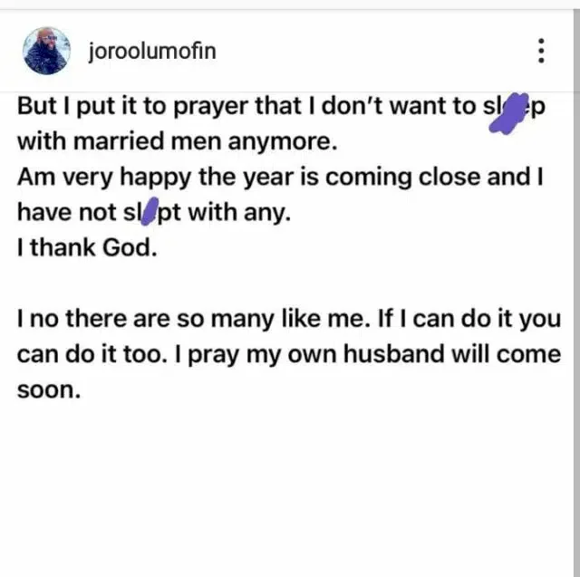 'I have not slept with any married man this year'- Lady celebrates 1 year staying away from married men