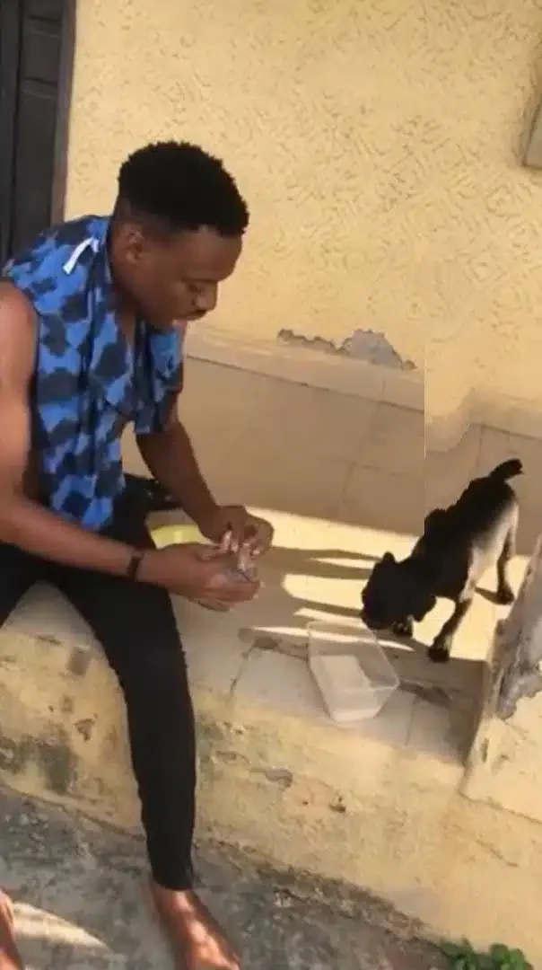 Struggling man appreciates his dog for being understanding and drinking 'garri' with him (Video)