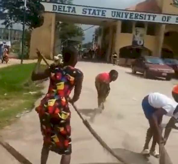 Delta Polytechnic students rejoice over exit of Rector by sweeping school's main gate (Video)