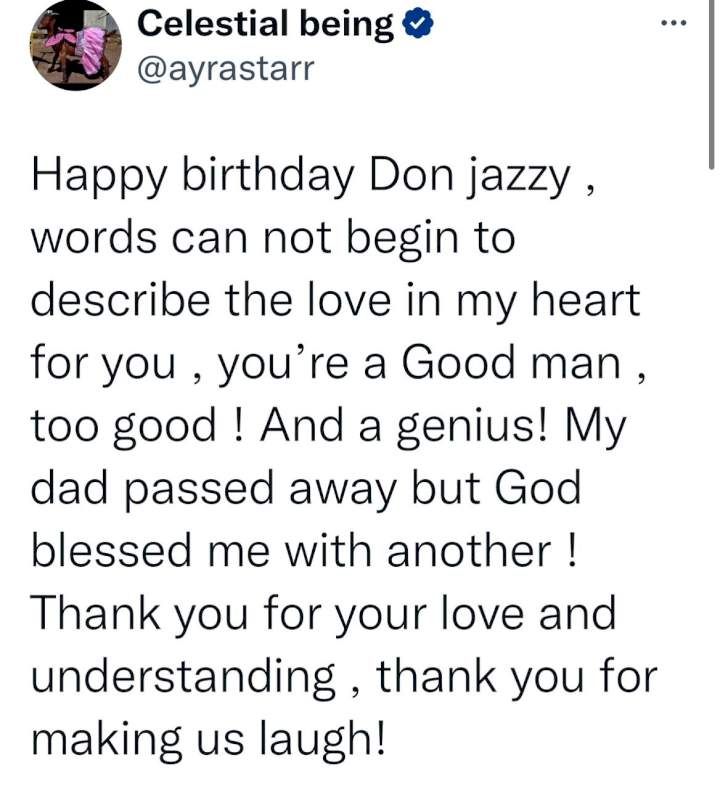 'My dad passed away but God blessed me with another' - Ayra Starr writes as she celebrates Don Jazzy on his birthday.