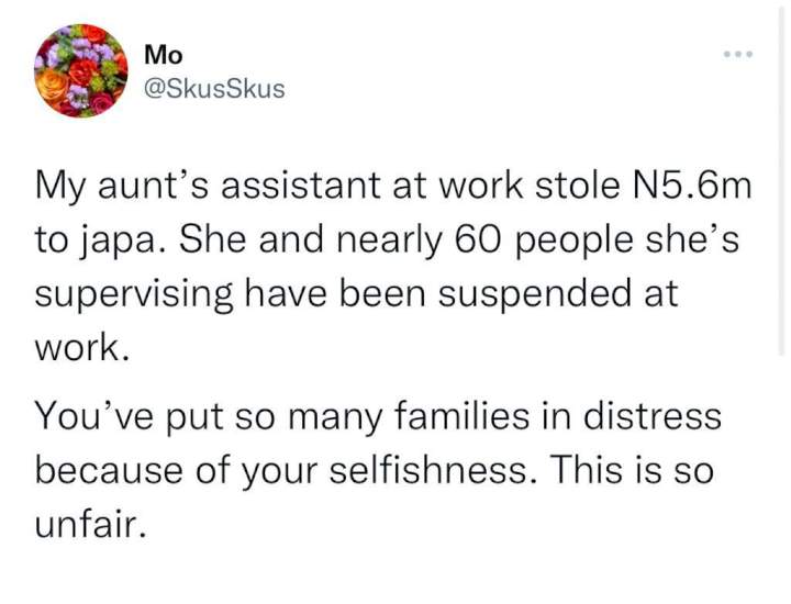 Lady suspended after assistant stole N5.6 Million company funds to 'japa'