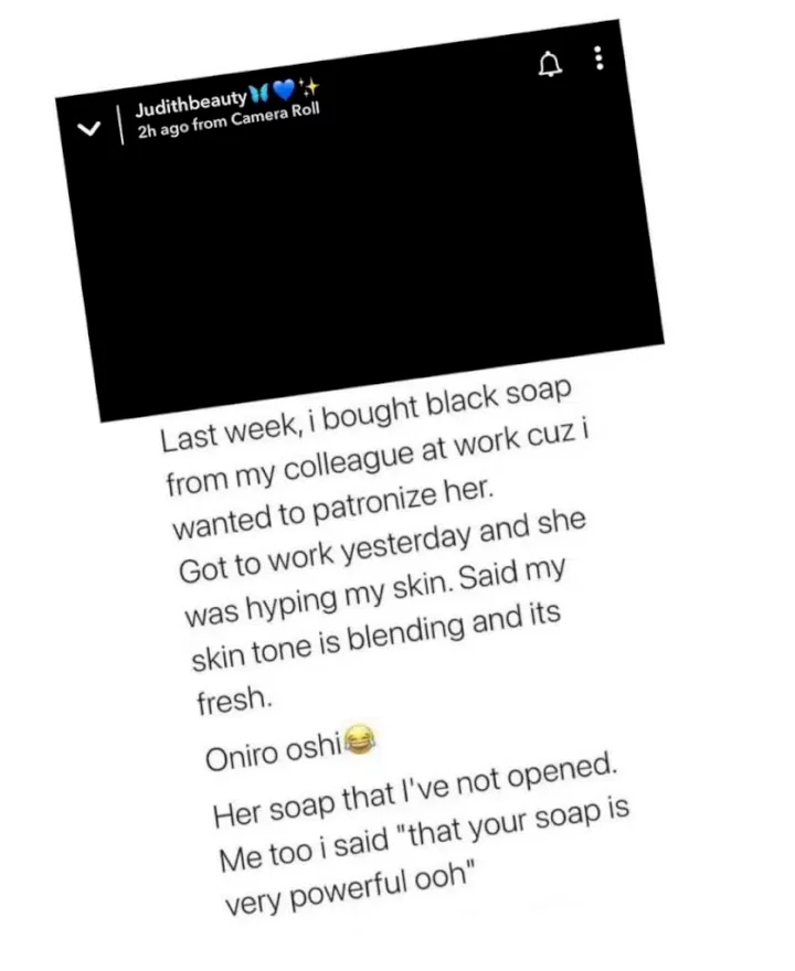 Lady hilariously teases co-worker who complemented her skin because she sold black soap to her