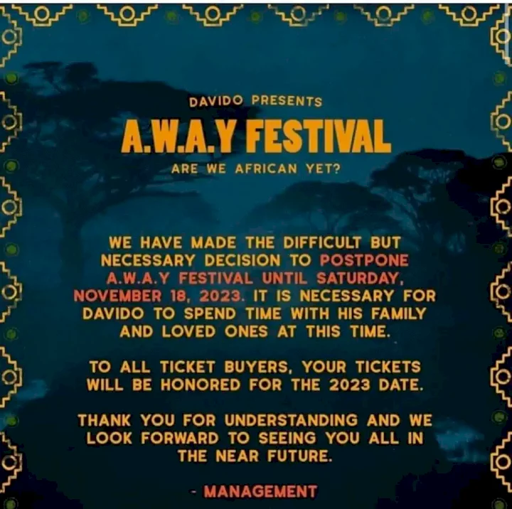 Davido postpones A.W.A.Y festival till November 2023