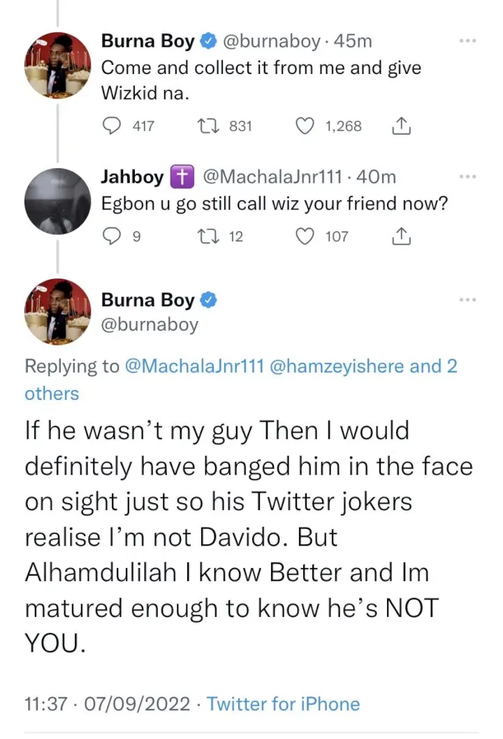 Burna Boy subs Davido and Wizkid in epic response to trolls