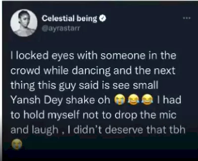 Singer Ayra Starr recounts how a male fan made her laugh and almost drop her mic as she danced while performing on stage (video)