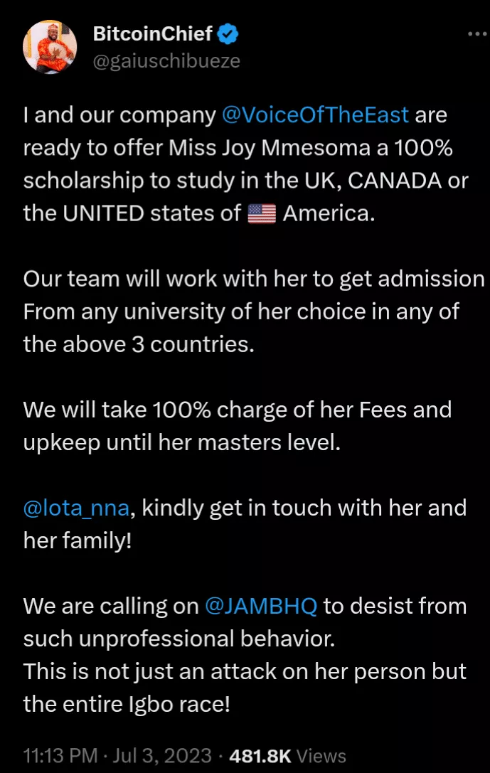 Miss Mmesoma, lady accused of faking JAMB RESULT secures 100% scholarship to study in the UK, Canada, or America