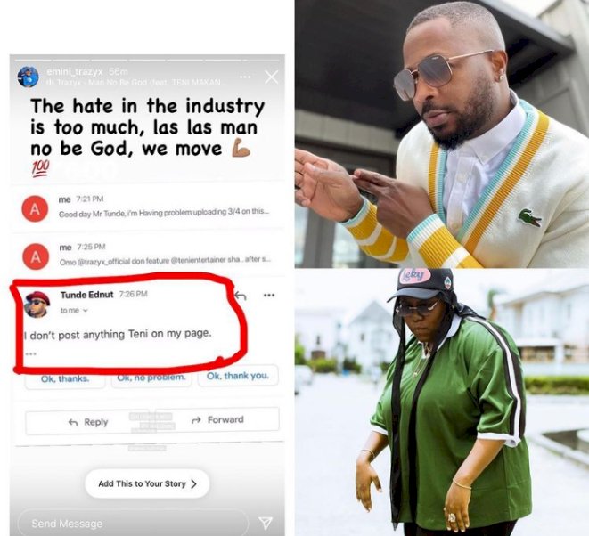 So much hate in the industry – Man says as he shares his chat with Tunde Ednut about singer, Teni