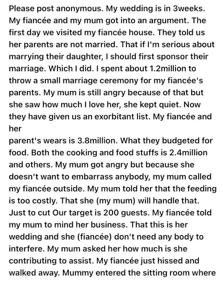 Man seeks advice as in-laws impose over N6M wedding expenses after paying N1.2M for fiancee's parent's marriage