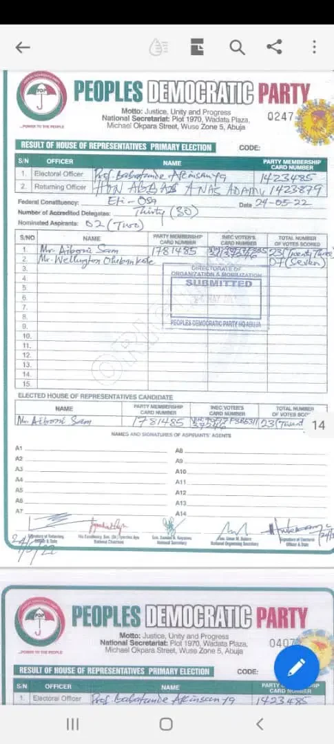 Result document shows Banky W didn't win Lagos PDP House of Reps ticket