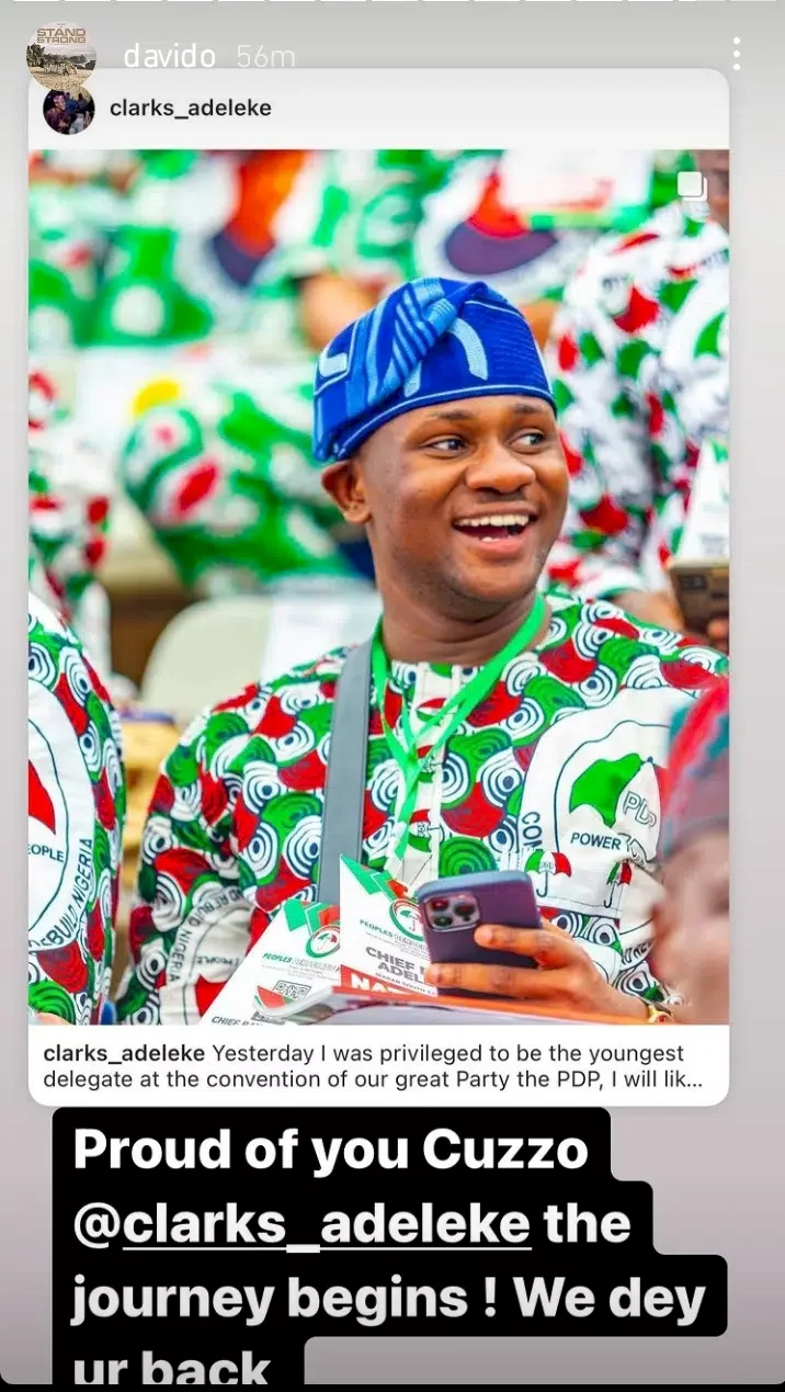 Davido showers accolades on cousin, Clarks Adeleke, following political achievement as youngest delegate