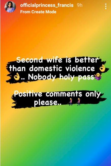 'Second wife is better than domestic violence' - BBNaija star, Princess