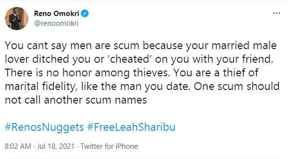 'You can't say men are scum because your married male lover cheated on you, there is no honor among thieves' - Reno Omokri tells ladies