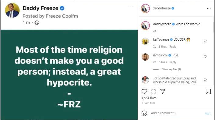 'Religion doesn't make you a good person' - Media personality, Daddy Freeze