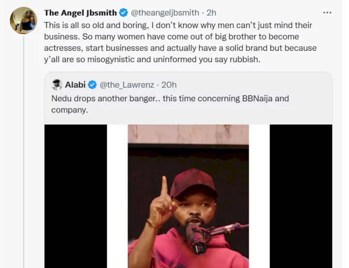 Do you want us to show you where the men are so you can go put your bum in the air - Angel tackles OAP Nedu after he claimed most ladies go to BBNaija just to get customers