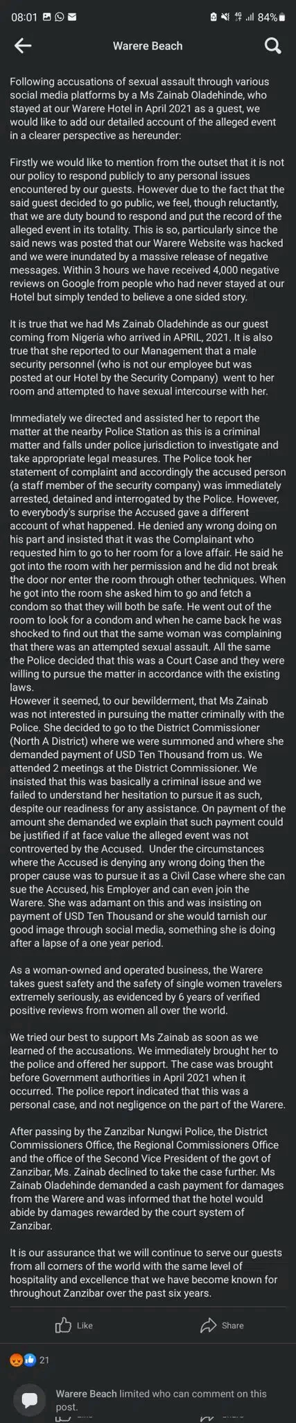 Warere hotel in Zanzibar narrates side of story with 23-year-old Nigerian lady who was assaulted on their property