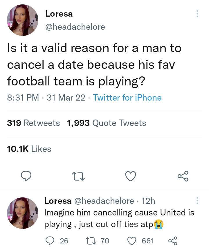 Lady in pains as boyfriend cancels date because his favorite football team is playing same day