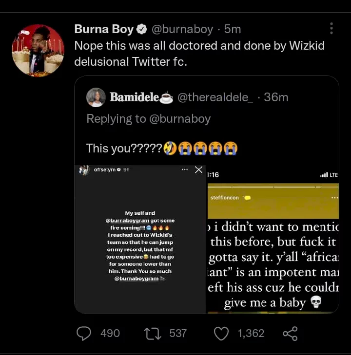 Burna Boy ruthlessly bashes Wizkid FC, revisits false claims made against him by fanbase