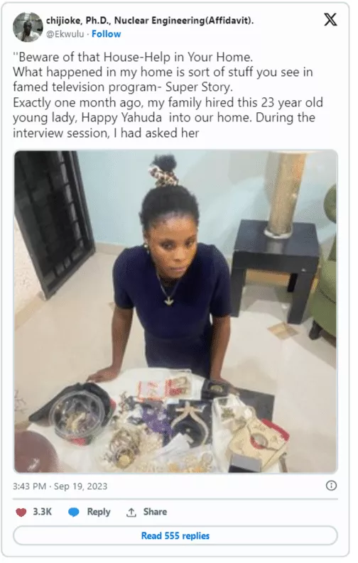 Newly hired maid caught attempting to flee with employer's 4 million naira jewelry collection