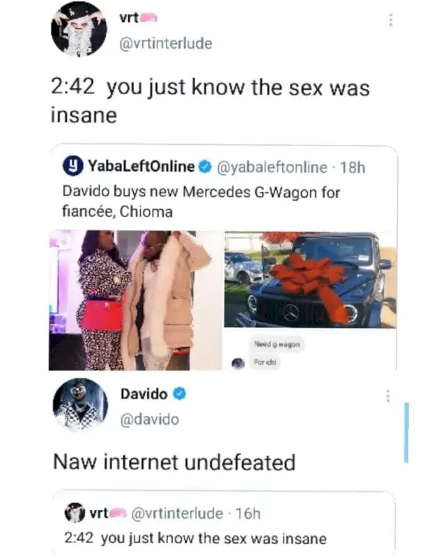 Davido reacts as man claims he bought GWagon for Chioma because she's good in bed