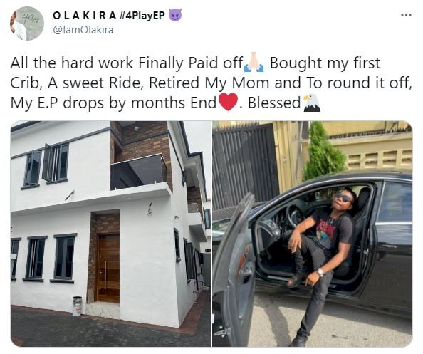 Singer, Olakira rejoices as he buys first house, new car, and retires his mother