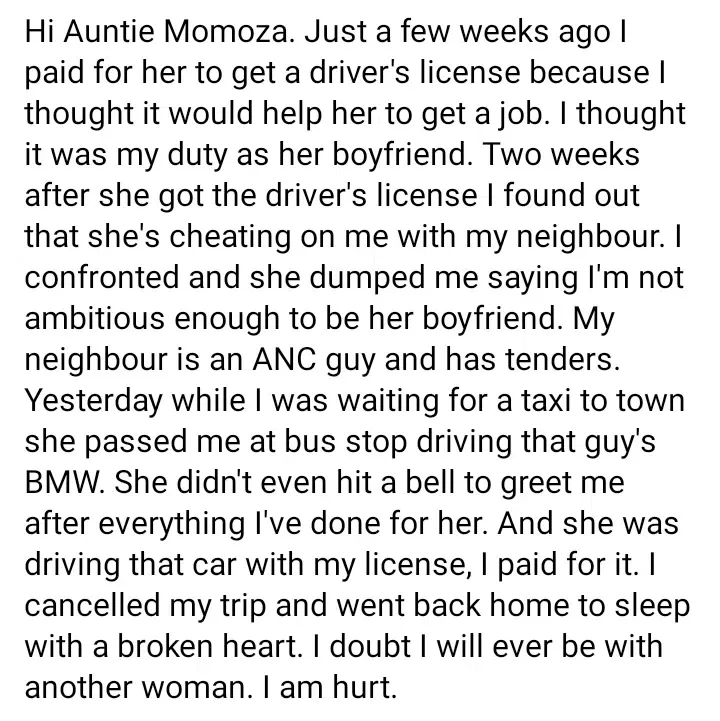 My girlfriend dumped me for our neighbor who owns a BMW after I paid for her driver's license - Heartbroken man cries out