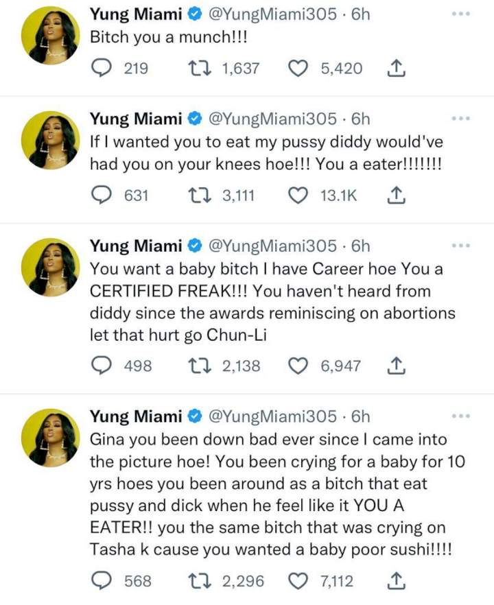 Yung Miami drags a certain 'Gina' on Twitter days after Diddy welcomed 6th child