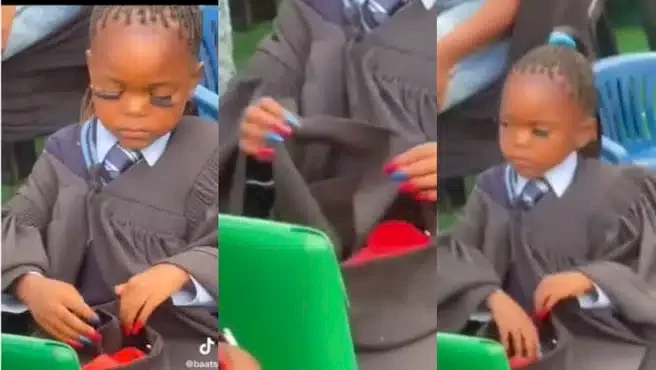 Reactions trail video of little girl with fake eyelashes and fixed nails at graduation