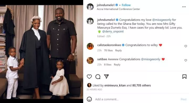 Ghanaian actor, John Dumelo celebrates wife as she gets called to bar (photos)