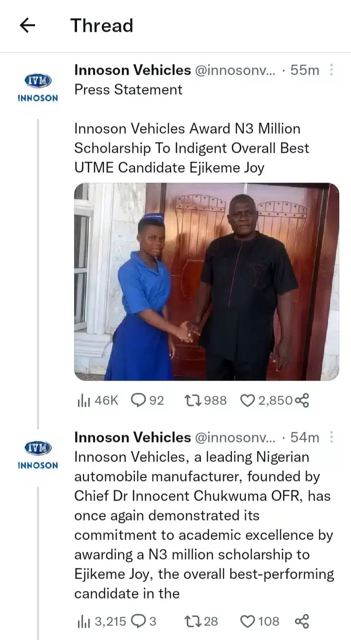 Innoson awards N3 million scholarship to overall best UTME candidate, Ejikeme Joy