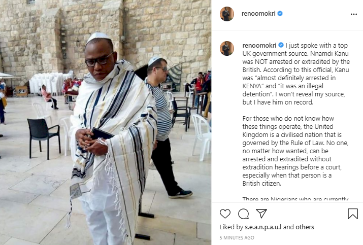 Nnamdi Kanu was not arrested or extradited by the British government- Reno Omokri claims