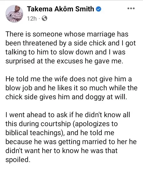 Man narrates how he 'saved' a marriage being threatened by a side chick who gives blow job and doggy style
