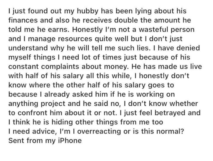 Woman laments after finding out that husband makes twice the salary he claimed to earn