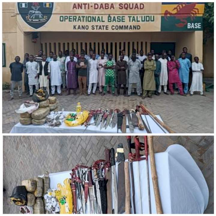 45 suspected thugs arrested with dangerous weapons and illicit drugs in Kano