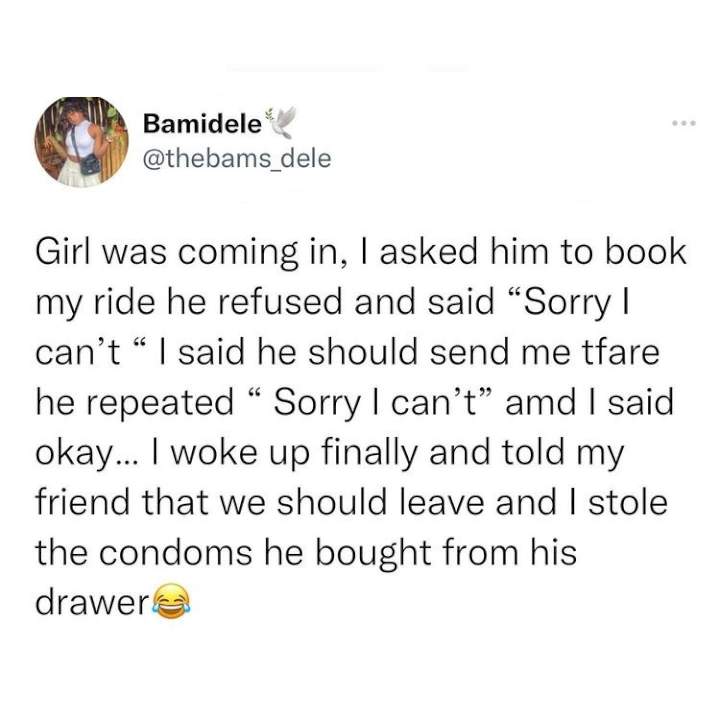 Lady narrates how man forcefully invited her to his house, steals condoms as payback for not paying her transport fare